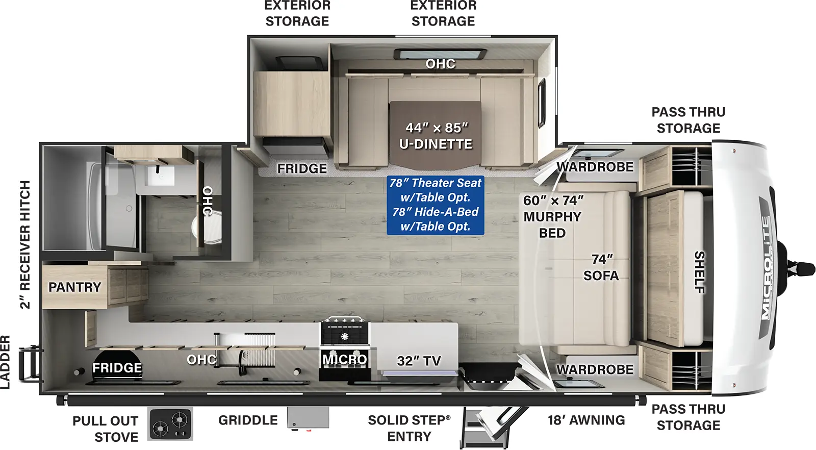 The Flagstaff Micro Lite 25DK has one entry and one slide out. Exterior features include: fiberglass exterior, 18' awning and outside kitchen. Interiors features include: u-dinette and murphy bed.